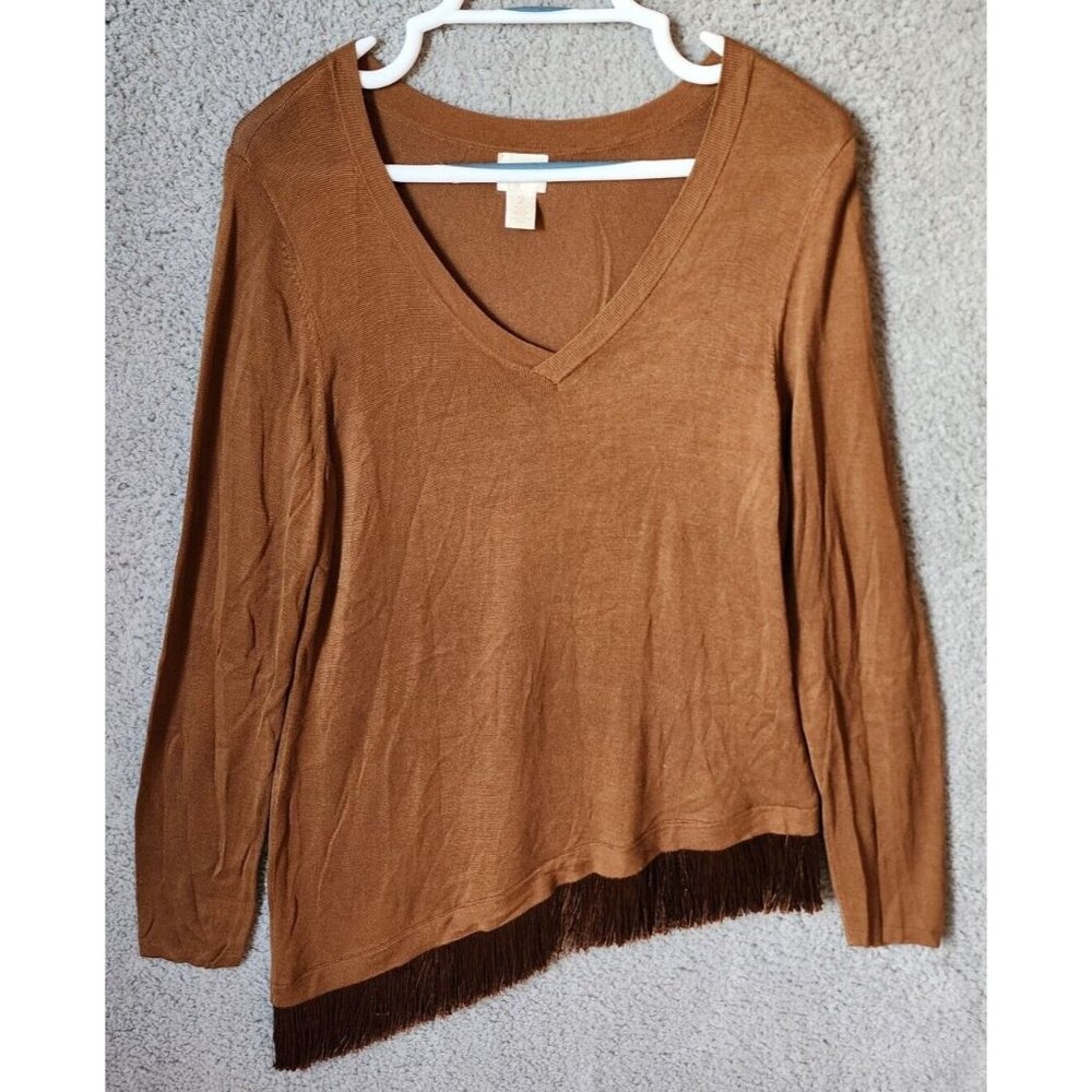 Chico's Women's Long Sleeve V Neck Knit Top Fringe Asymmetrical Hem Brown Size L